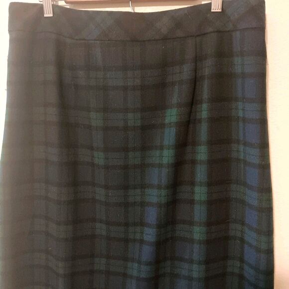 Vtg Chadwicks of Boston 14P Tartan Plaid Wool Blend Pencil Skirt Navy Green Midi - Picture 2 of 11